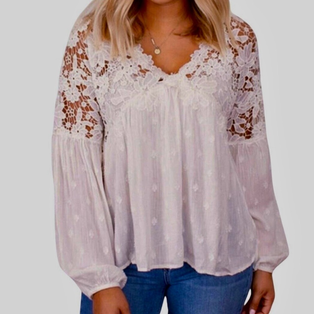 NWT Free People White Lina Lace Long Sleeve Top